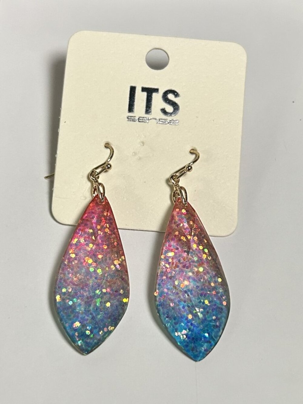 ITS Sense Pink Blue Glitter Teardrop Dangle Earrings NWT